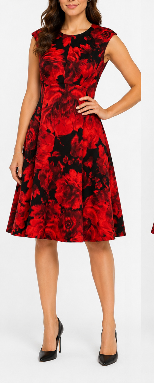 Calvin Klein Womens Sz 10 Red Black Floral Fit &Flare Midi Dress Cap Sleeve Chic